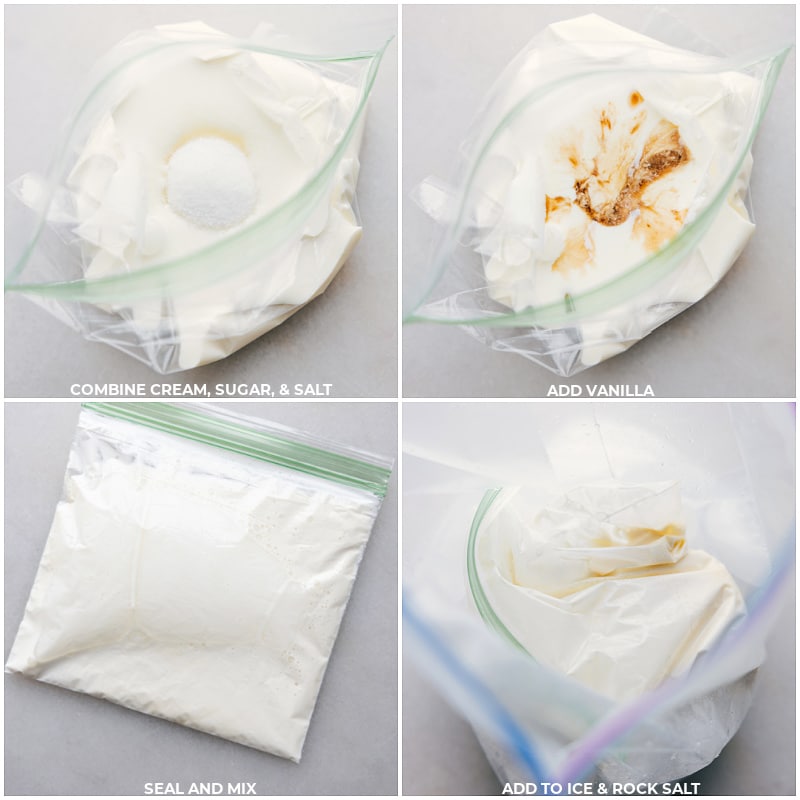 Process shots-- images of the cream, sugar, salt, and vanilla being added to a bag