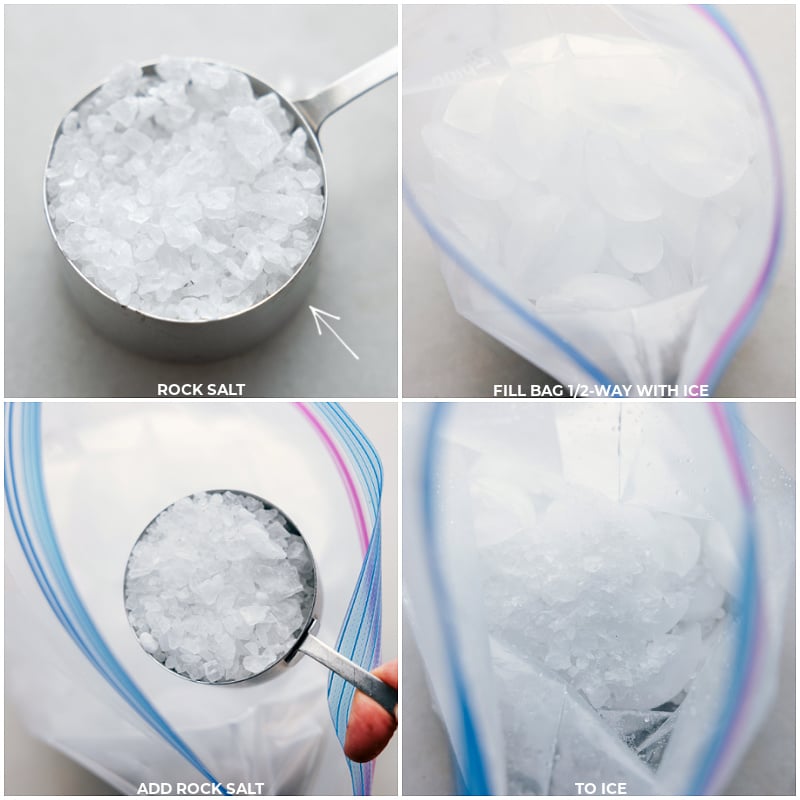 Process shots of ice cream in a bag-- images of the salt being added to the ice in a bag