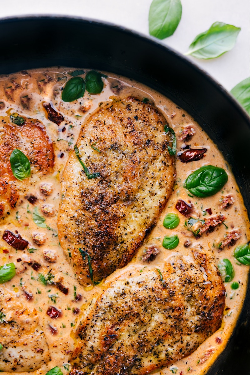 Overhead view of Marry Me Chicken, in the pan