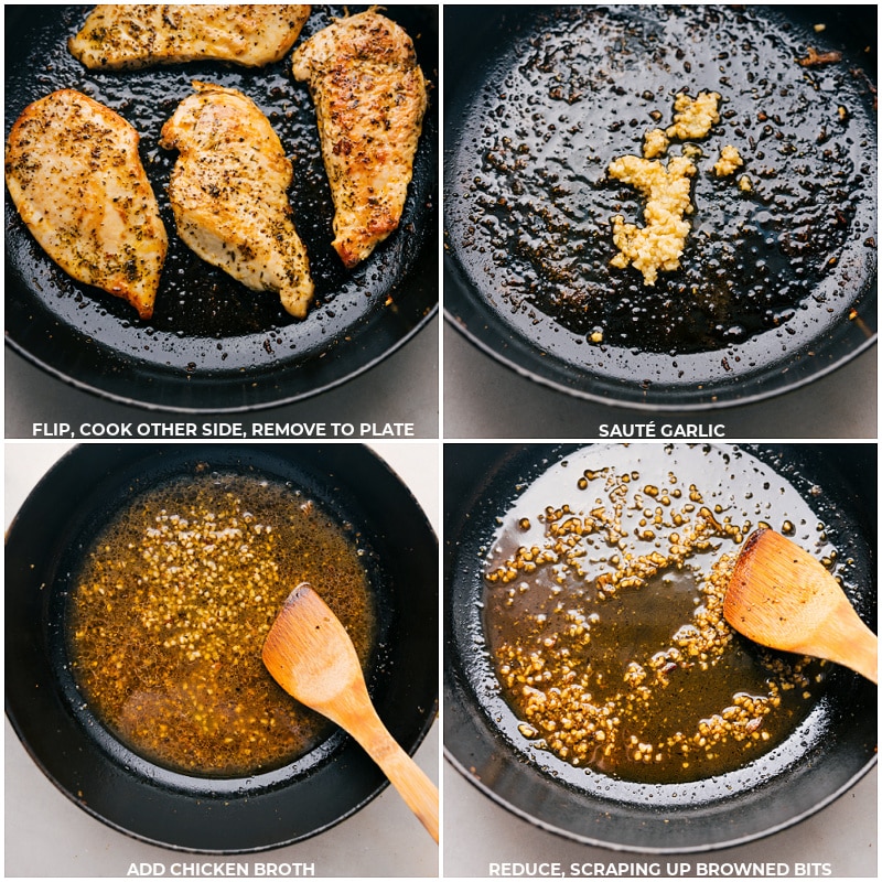 Process shots: cook the chicken, flipping once; remove to a plate; saute garlic in the same pan; add both; stir, simmer, and scrape up the browned bits; reduce the liquid