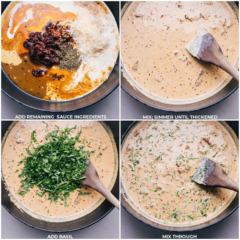 Process shots: finishing the sauce by adding the remaining ingredients, simmering, and stirring in the basil leaves