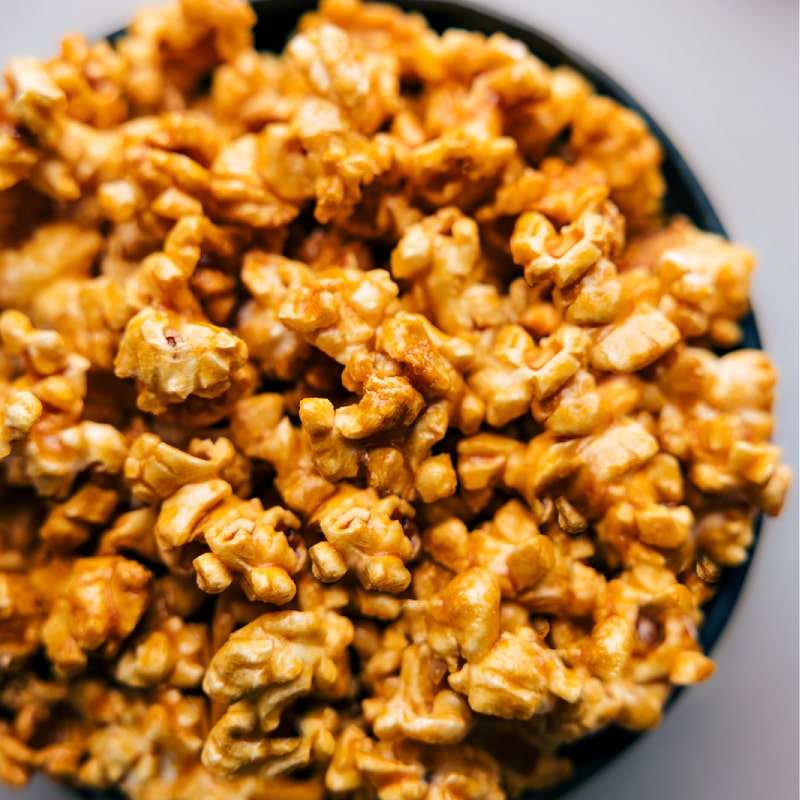 Up-close overhead image of the Microwave Caramel Corn ready to be enjoyed