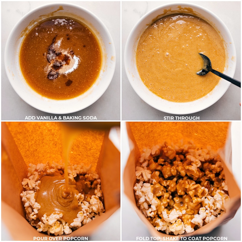 Process shots of Microwave Caramel Corn-- images of the caramel being poured over the popcorn