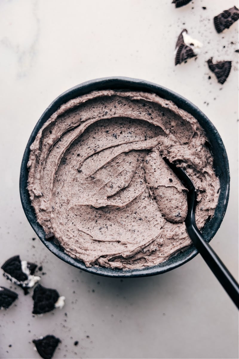 Overhead image of a bowl of Oreo Frosting