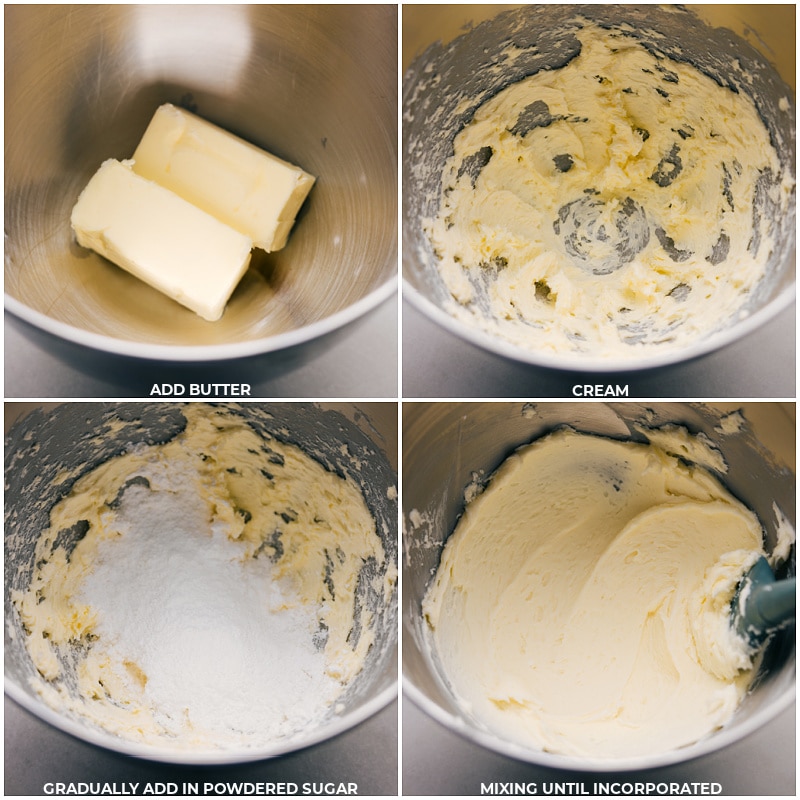 Process shots of Oreo Frosting-- images of the butter being creamed together and the powdered sugar being mixed through