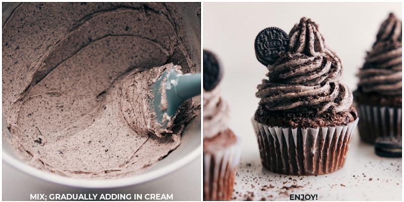 Images of the Oreo Frosting in the bowl and on a cupcake