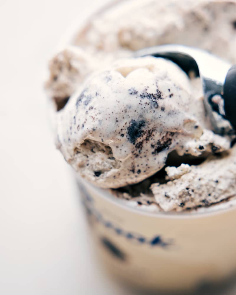 Overhead image of the cookies-and-cream ice cream that's used in this dessert