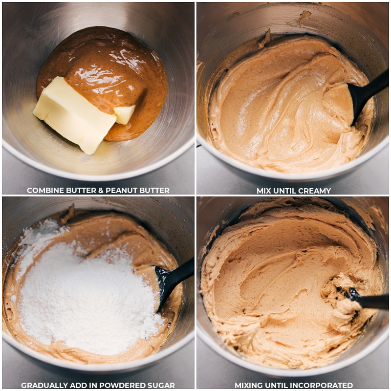 Process shots of Peanut Butter Frosting-- images of the butter, peanut butter, and powdered sugar all being creamed together
