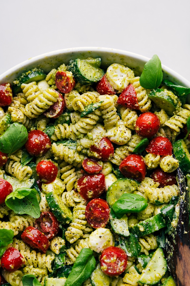Up-close overhead image of the Pesto Pasta Salad ready to be enjoyed