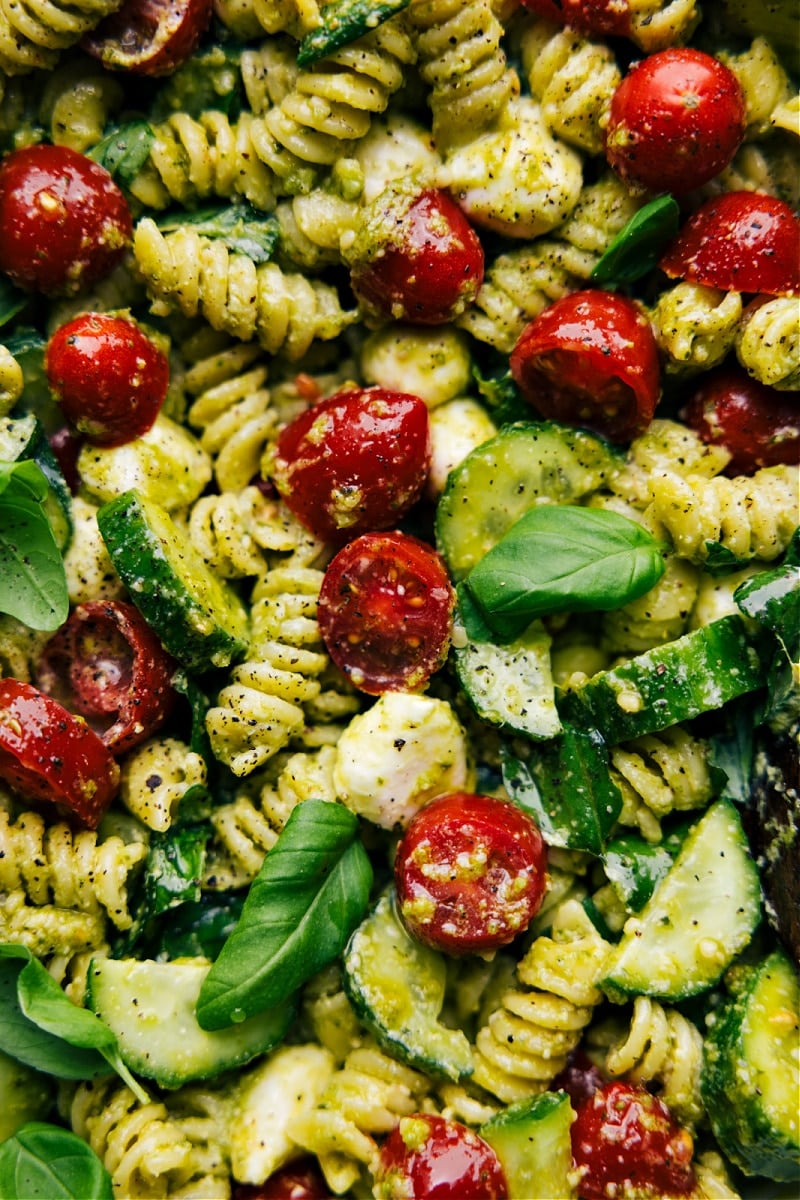 Up-close overhead image of Pesto Pasta Salad, the perfect side dish