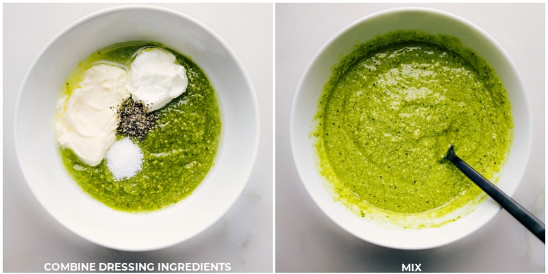 Process shots of Pesto Pasta Salad-- images of the dressing ingredients being combined