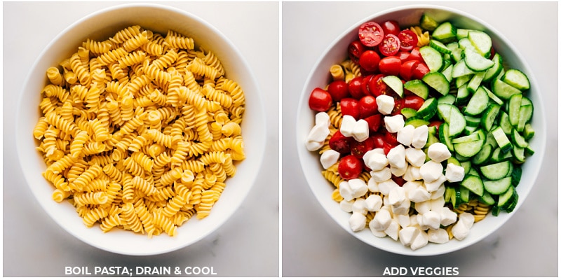 Process shots-- images of the pasta and veggies being combined