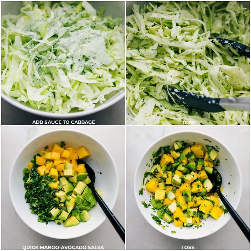 Process shots-- images of the slaw and mango-avocado salsa being made