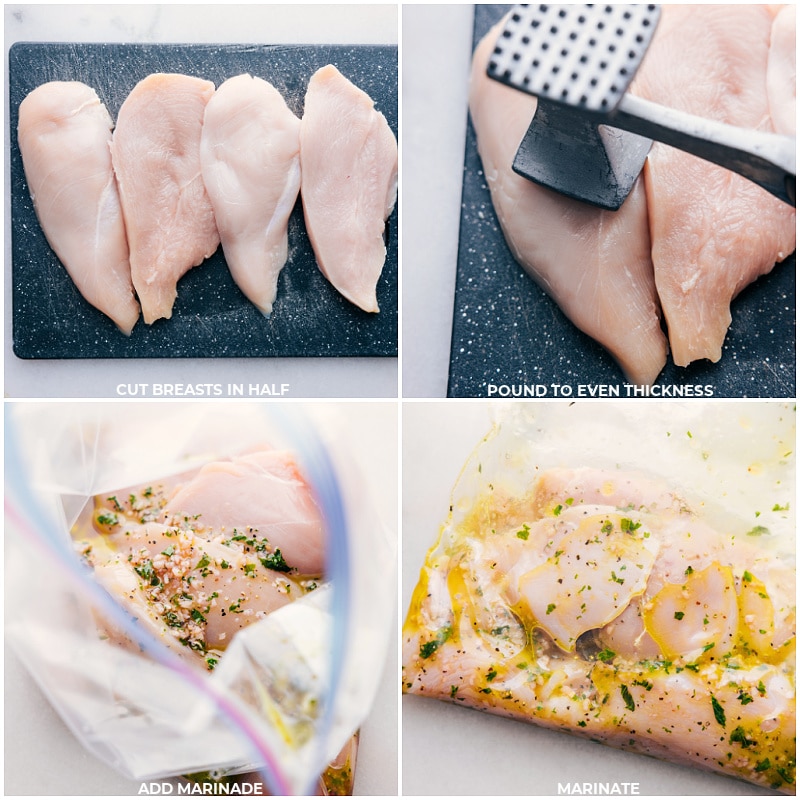 Process shots of Tomato-basil Chicken-- images of the chicken being prepped and marinated