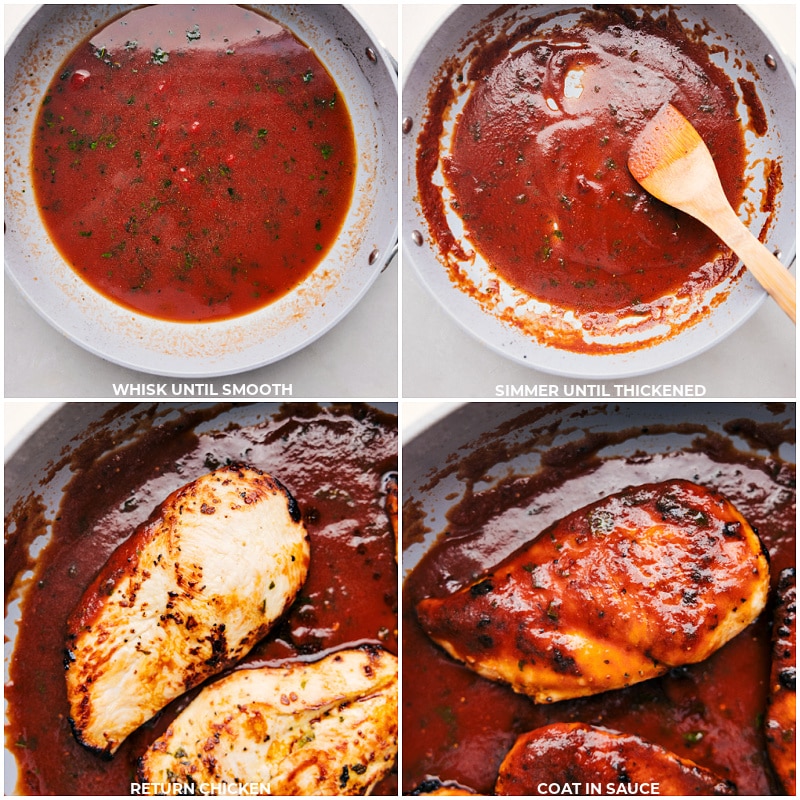 Process shots of Tomato Basil Chicken-- images of the tomato basil sauce being simmered and the chicken being added in
