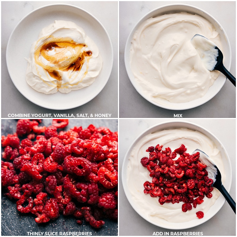 Process shots-- images of the yogurt, vanilla, salt, honey, and raspberries all being combined in a bowl