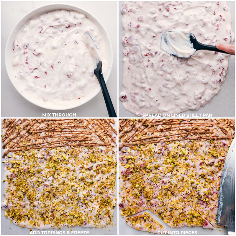 Process shots of Yogurt Bark-- image of the yogurt being spread out on a sheet pan and toppings being applied and it all being frozen
