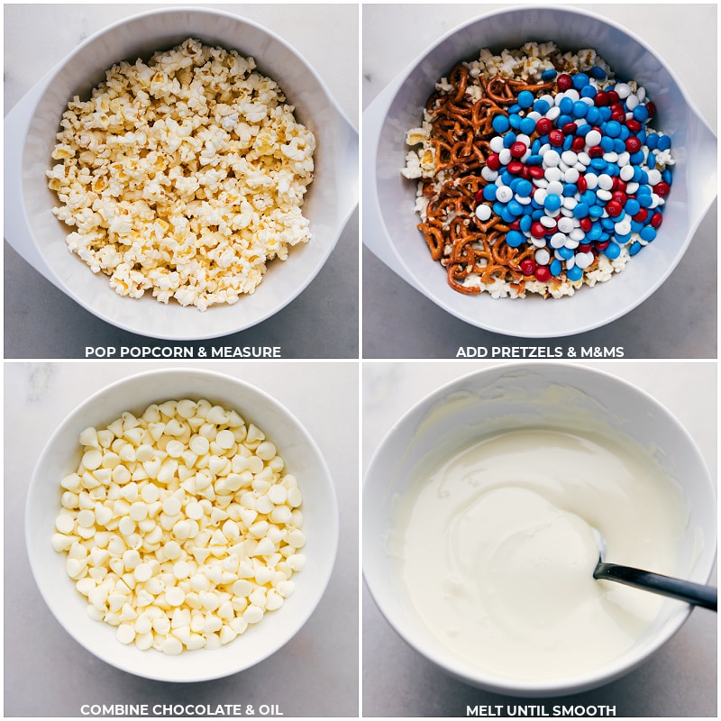 Process shots of 4th of July Popcorn-- images of the popcorn, pretzels, and M&Ms' being added to a bowl and white chocolate being melted