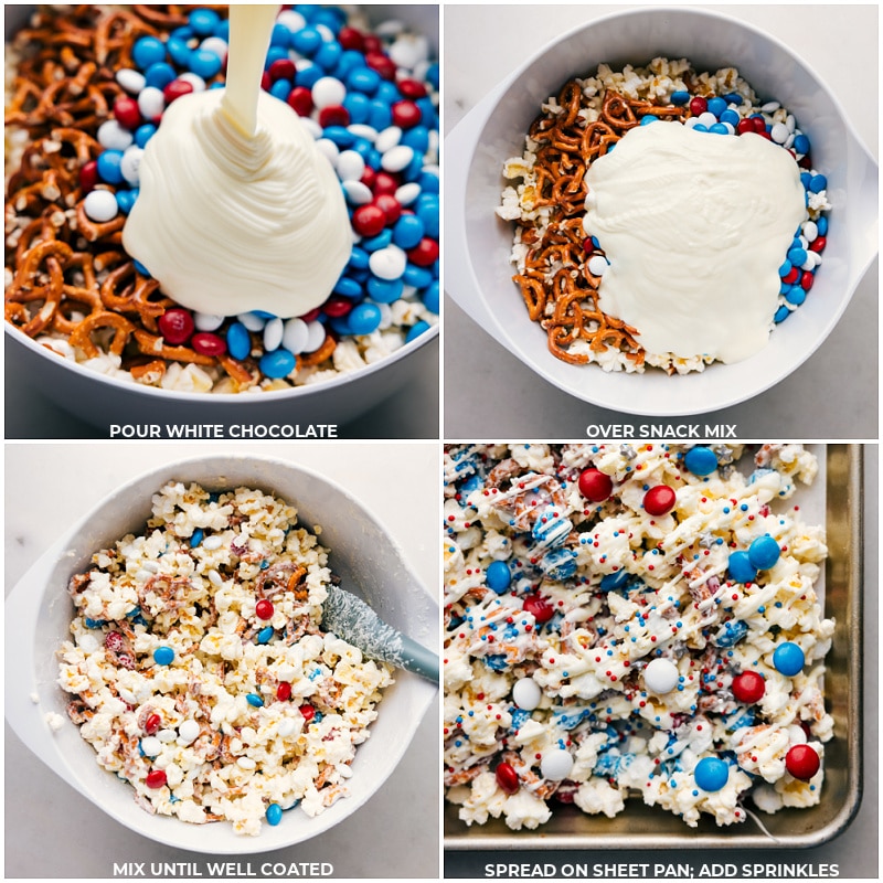 Process shots-- images of the white chocolate being poured into the bowl with the other ingredients and it all being mixed together