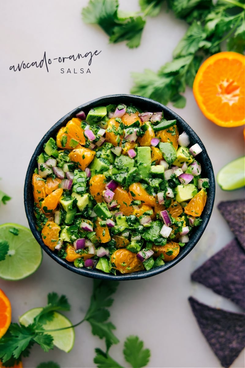 Overhead image of a bowl of the salsa