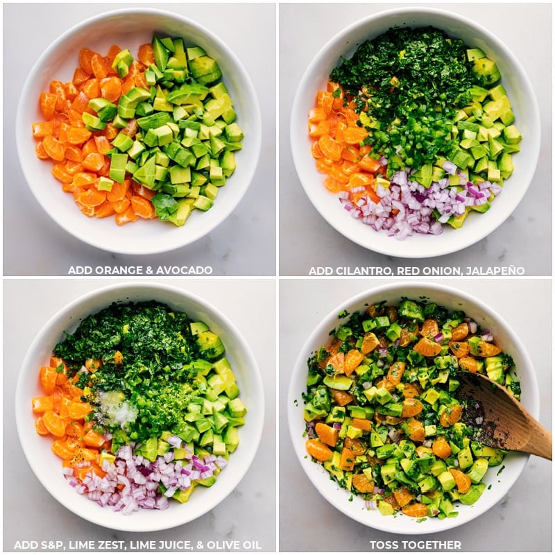 Process shots of Avocado-Orange Salsa-- images of the oranges, avocado, cilantro, red onion, jalapeño, seasonings, lime juice/zest, and olive oil all being added to a bowl