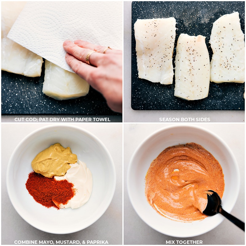 Process shots-- images of the cod being pat dry and the mayo, mustard, and paprika dip being mixed together