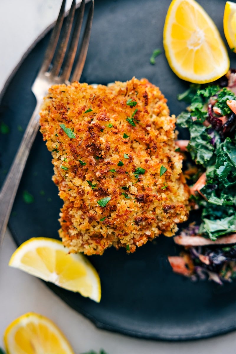 Overhead image of Best Baked Cod on a plate ready to be enjoyed