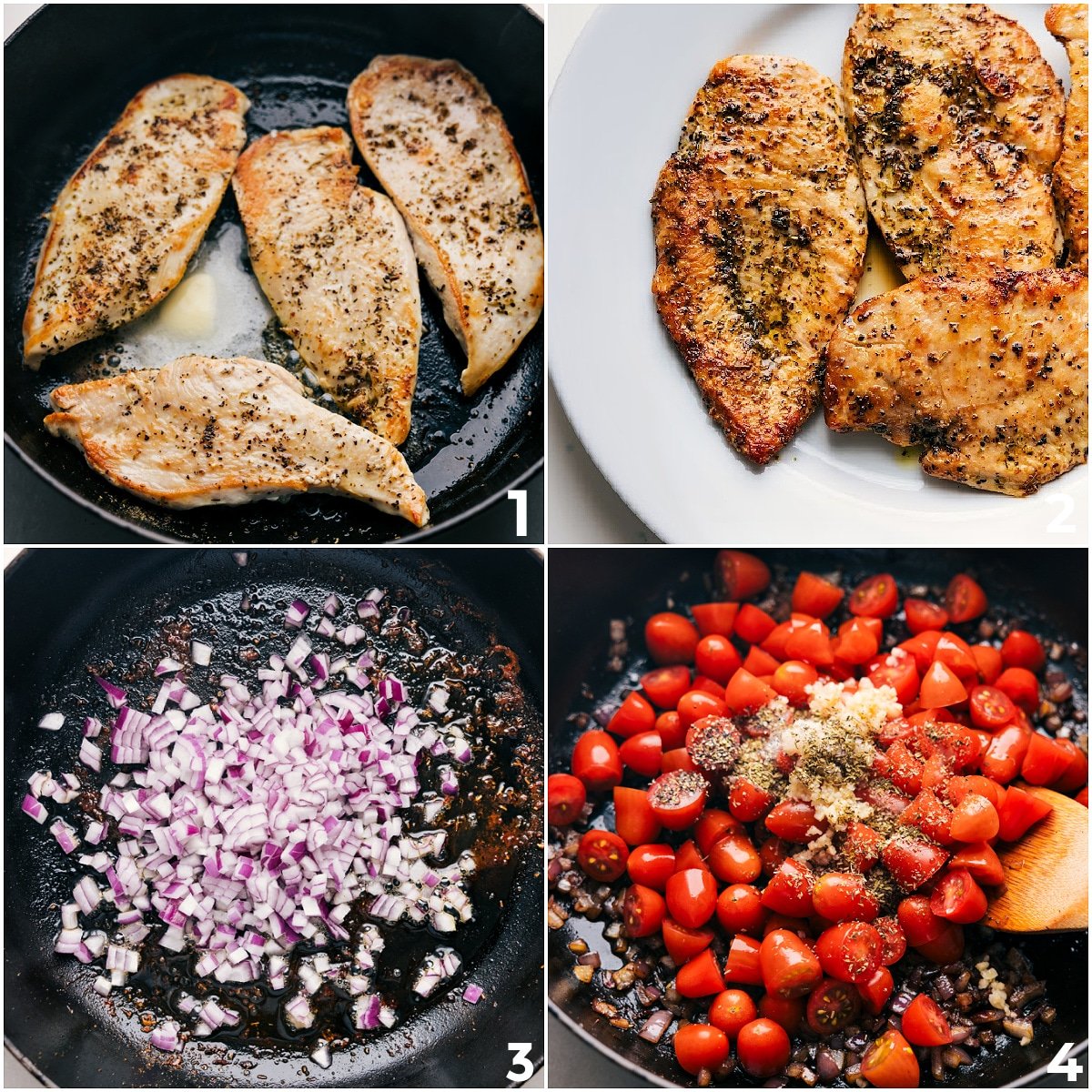 The chicken is cooked with onions, tomatoes, garlic, and seasonings, all simmering together for this Caprese chicken.