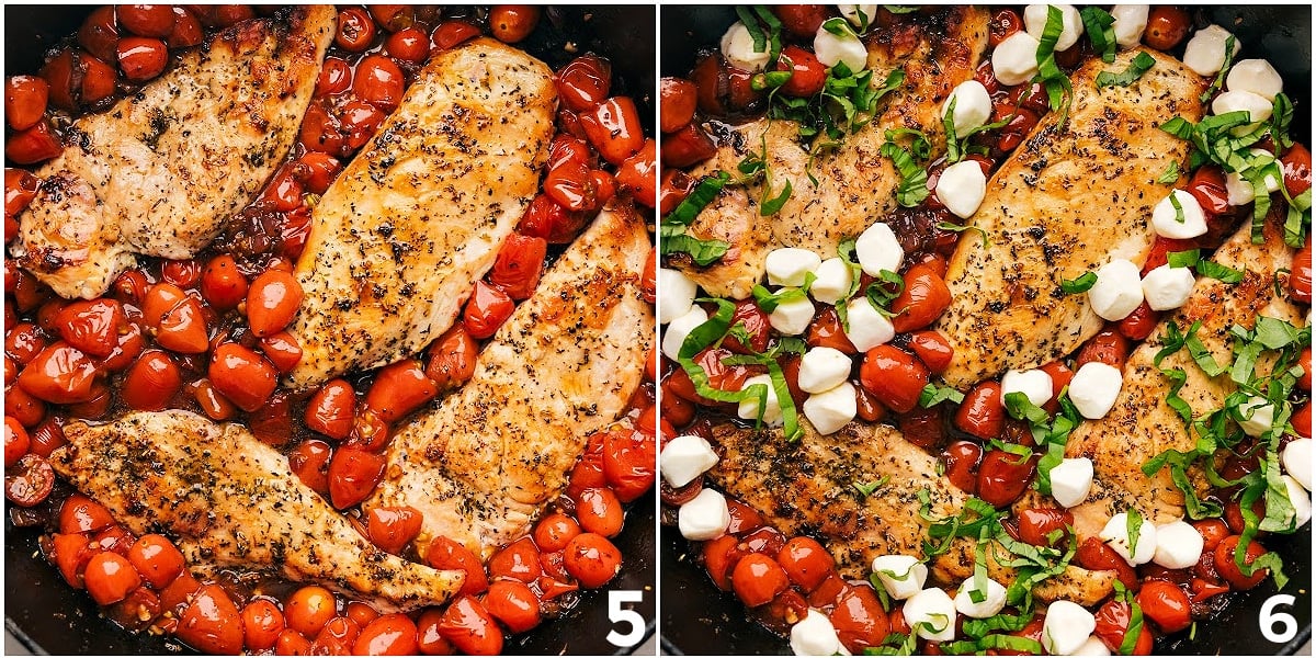 Everything is cooked together, then topped with fresh basil and mozzarella.