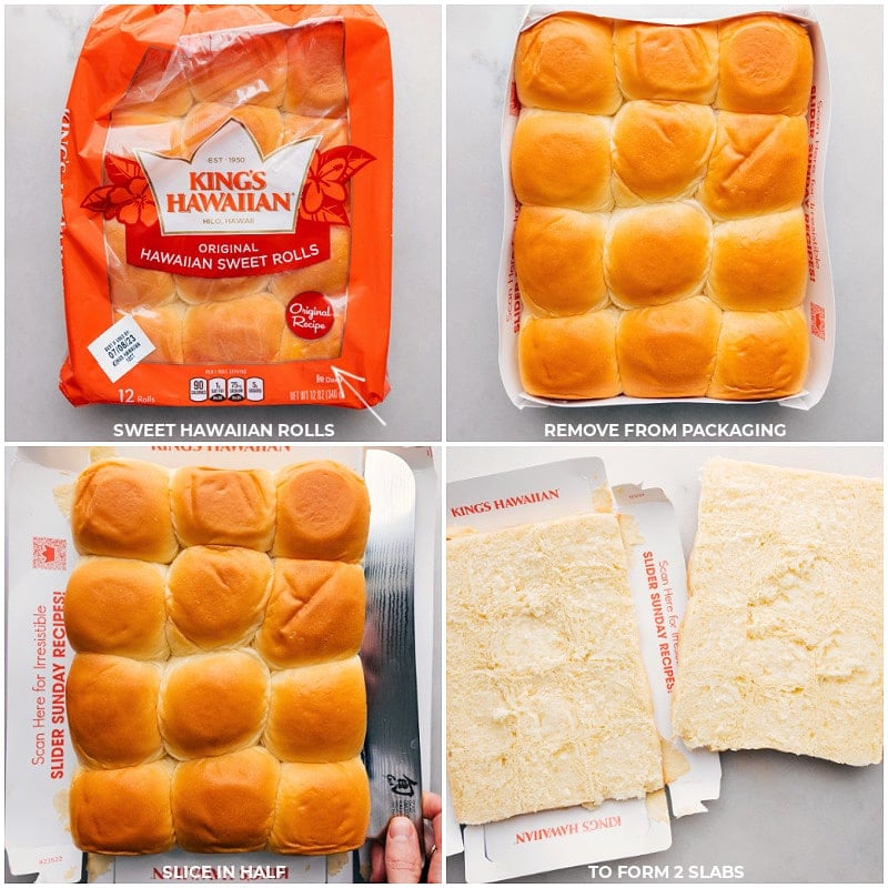 Process shots: Split the entire package of Hawaiian rolls in half vertically to create two slabs.