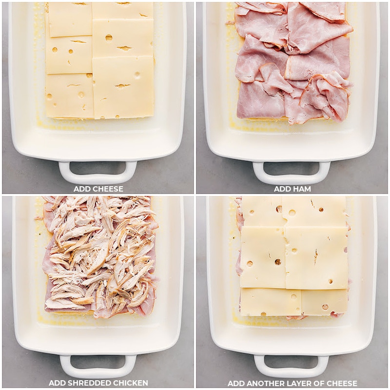 Process shots of Chicken Cordon Bleu Sliders-- images of the cheese, ham, shredded chicken, and more cheese being layered in a pan
