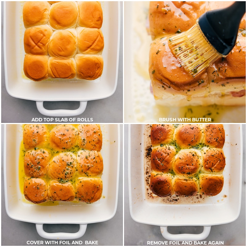 Process shots-- images of the butter being brushed on top and the sliders being baked
