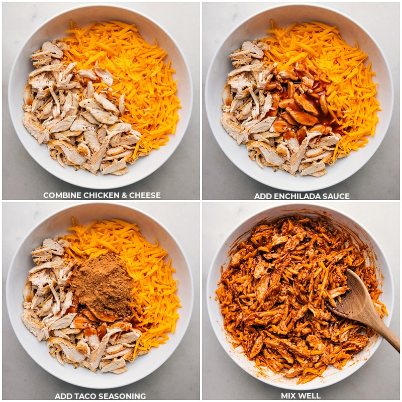 Process shots of Crispy Chicken Wraps-- images of the chicken, cheese, enchilada sauce, and taco seasonings being added to a bowl