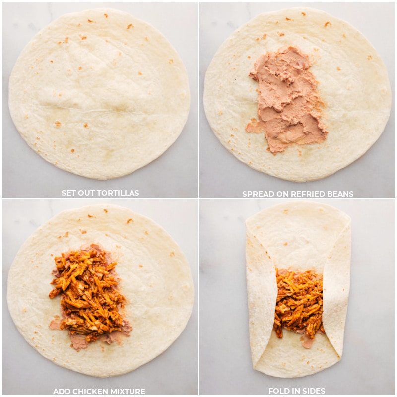 Process shots-- images of the refried beans and chicken mixture being added on the tortillas