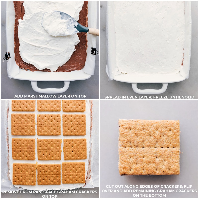 Process shots of Frozen S'mores bars-- images of the marshmallow layer being added on top and then the graham crackers being stacked in