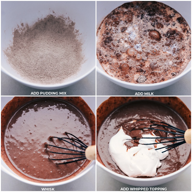 Process shots-- images of the pudding mix, milk, and whipped topping being whisked together