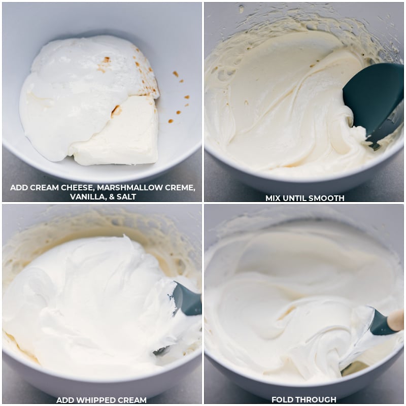 Process shots of Frozen S'mores bars-- images of the cream cheese, marshmallow creme, vanilla, and salt being whipped together, then whipped cream being folded in