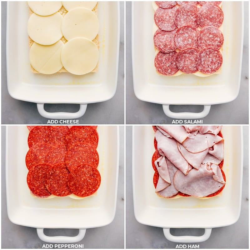 Process shots of Grinder Sliders-- images of the cheese, salami, pepperoni, and ham being added to the rolls