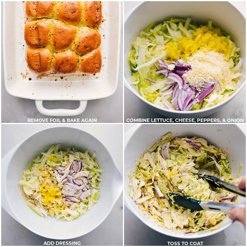 Process shots-- images of the lettuce, cheese, peppers, onions, and dressing being tossed together