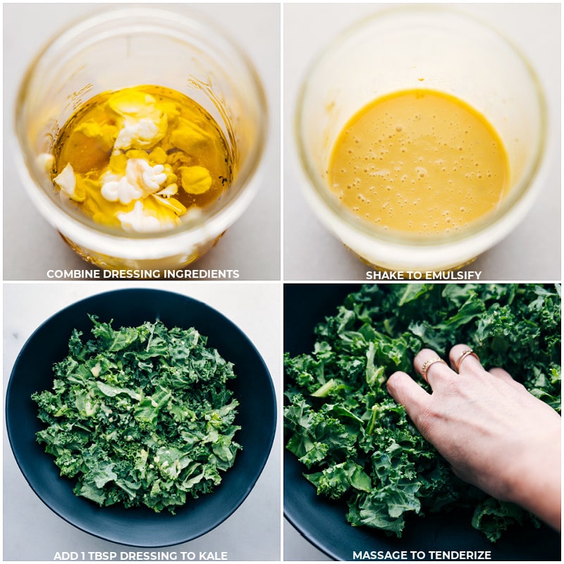 Process shots of Kale Cranberry Pecan Salad-- images of the dressing being mixed together and a little dressing being mixed with the kale