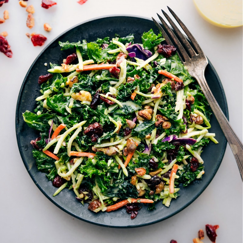 Up close overhead image of the Kale Cranberry Pecan Salad