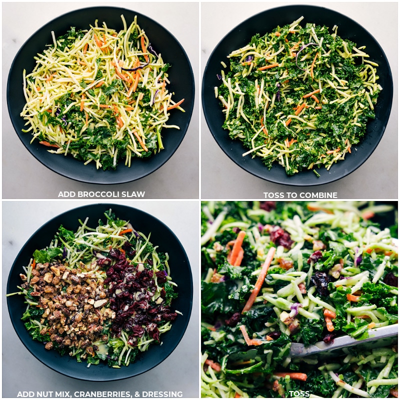 Process shots-- images of the broccoli slaw, nut mix, cranberries, and dressing all being tossed together