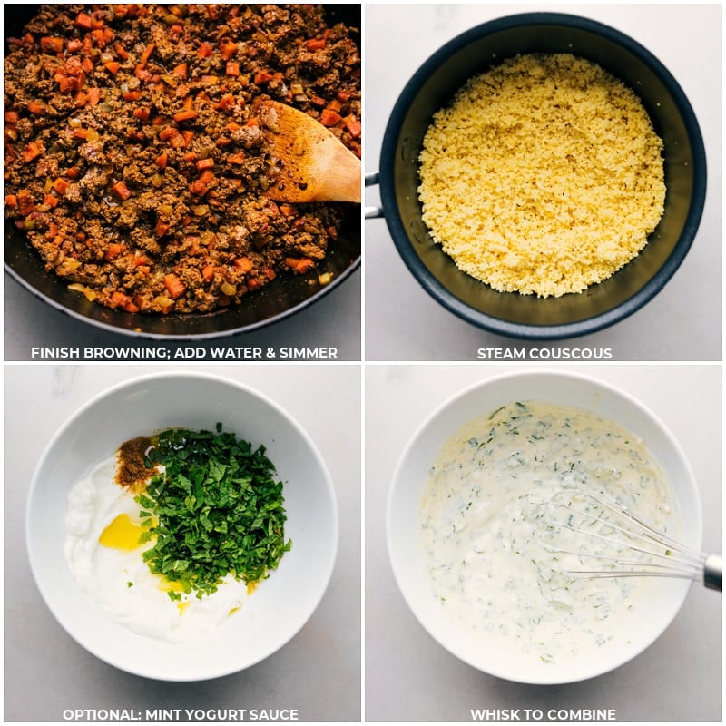 Process shots: Finish browning, add water, and simmer; steam couscous; make mint yogurt sauce