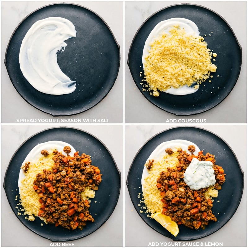 Process shots for assembling the bowls: spread yogurt, add couscous; follow with beef mixture and yogurt mint sauce; garnish with lemon