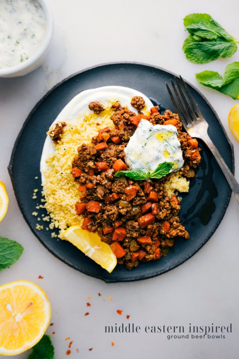 Overhead view of Middle Eastern Ground Beef Bowls