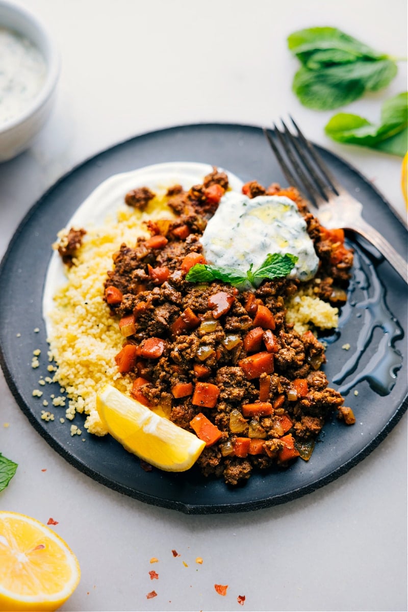 Overhead view of Middle Eastern Ground Beef Bowls