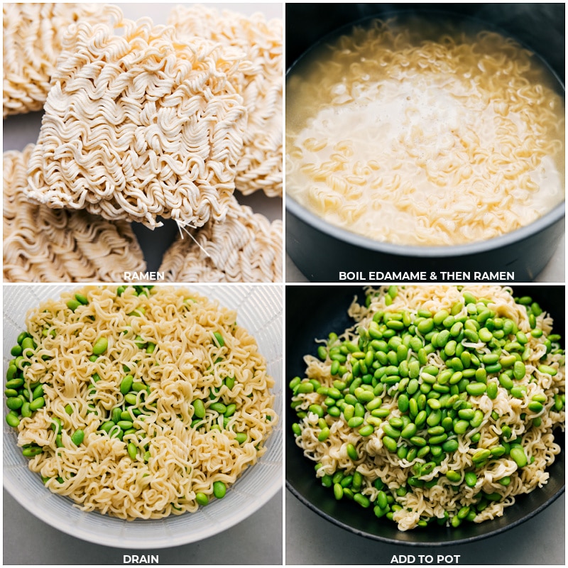 Process shots-- images of the ramen and edamame being cooked