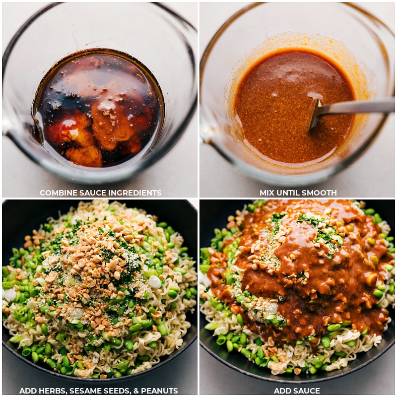 Process shots of Peanut Butter Ramen-- images of the sauce ingredients being combined and then poured over the ramen along with herbs, sesame seeds, and peanuts