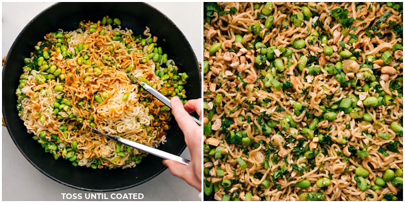 Process shots-- image of the ramen being tossed with all the ingredients and an image of the finished dish