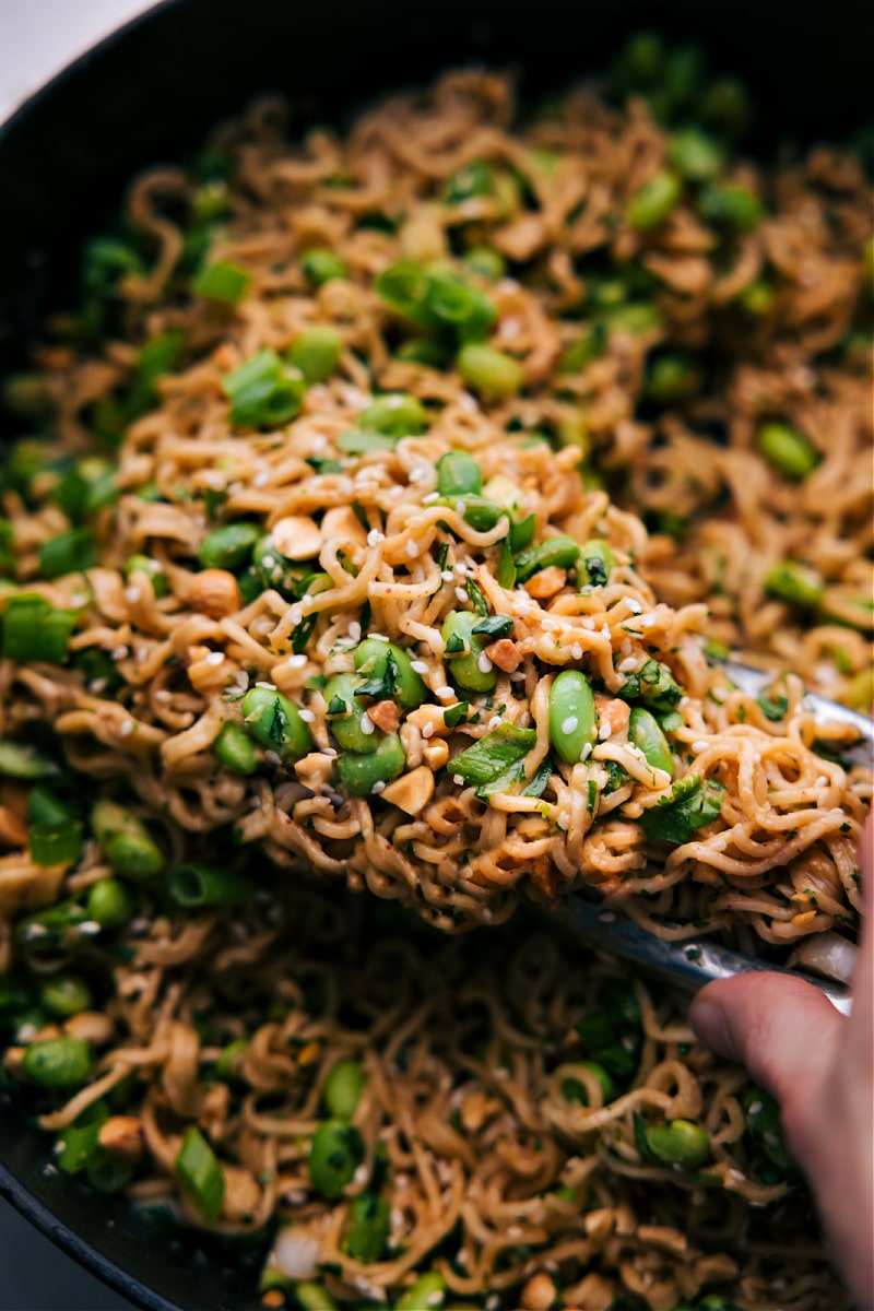 Overhead image of the peanut butter ramen ready to be enjoyed